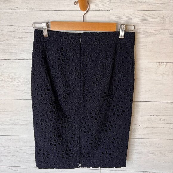 J Crew Skirt Womens SZ 00 Navy Blue No. 2 Pencil Mini Eyelet Lined Cotton Floral - Picture 8 of 16
